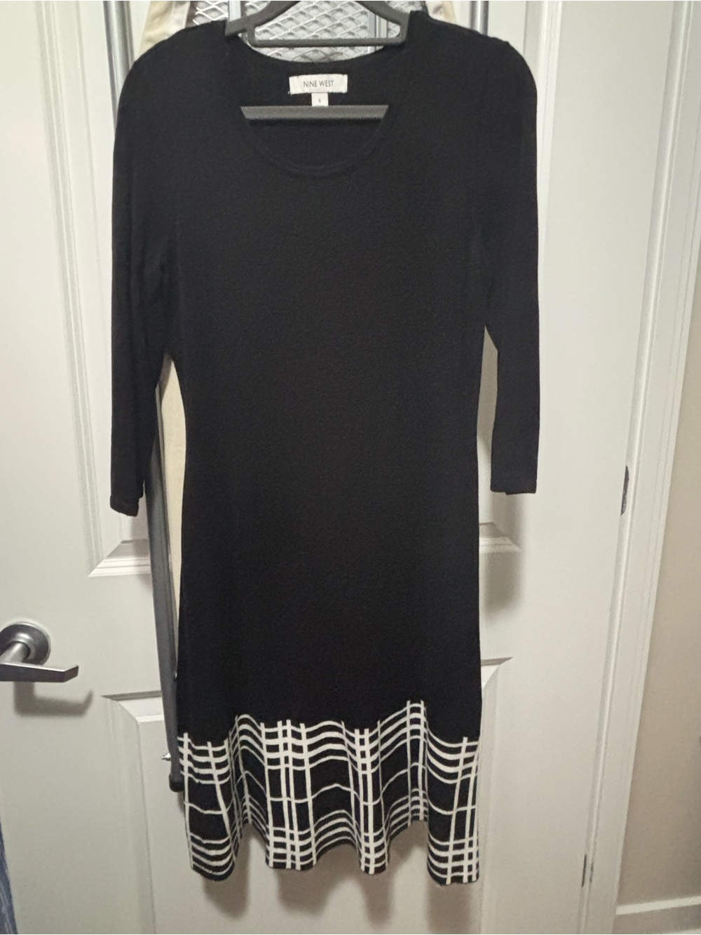 Nine West Black Midi Sweater Dress with White Plaid Hem Detail